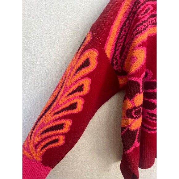 FARM RIO Cutout Asymmetrical Knit Bold Pink Floral Turtleneck Wool Blend Sweater - Picture 5 of 14